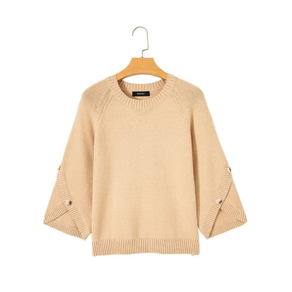 Womens Three Quarter Length Sleeve Casual Oversized Trendy Knitwear Sweaters Crewneck Sweater Knit Tops Button Sleeve Knit Pullover