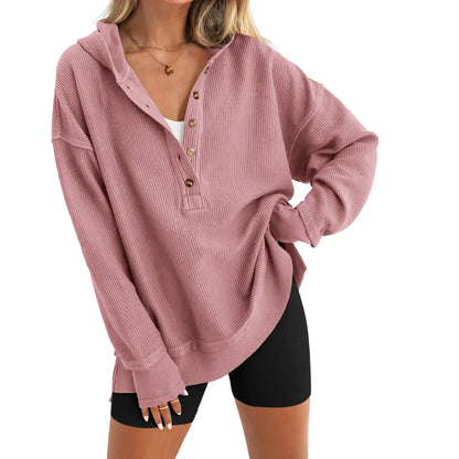 Womens Fashion Long Sleeve Hoodie Oversized Button Up V Neck Sweatshirt Side Slit Casual Pullover Tops for Fall Cozy Goals