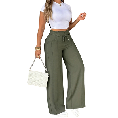 Women's High-Waisted Wide-Leg Pants with Drawstring, Lightweight Summer and Fall Pants