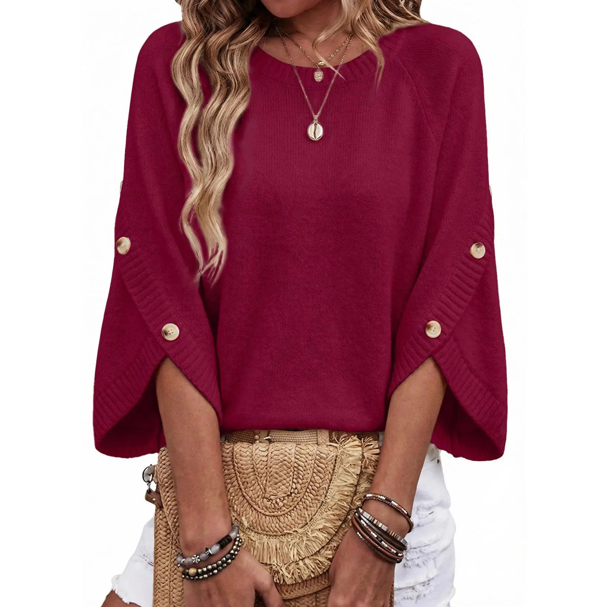 Womens Three Quarter Length Sleeve Casual Oversized Trendy Knitwear Sweaters Crewneck Sweater Knit Tops Button Sleeve Knit Pullover