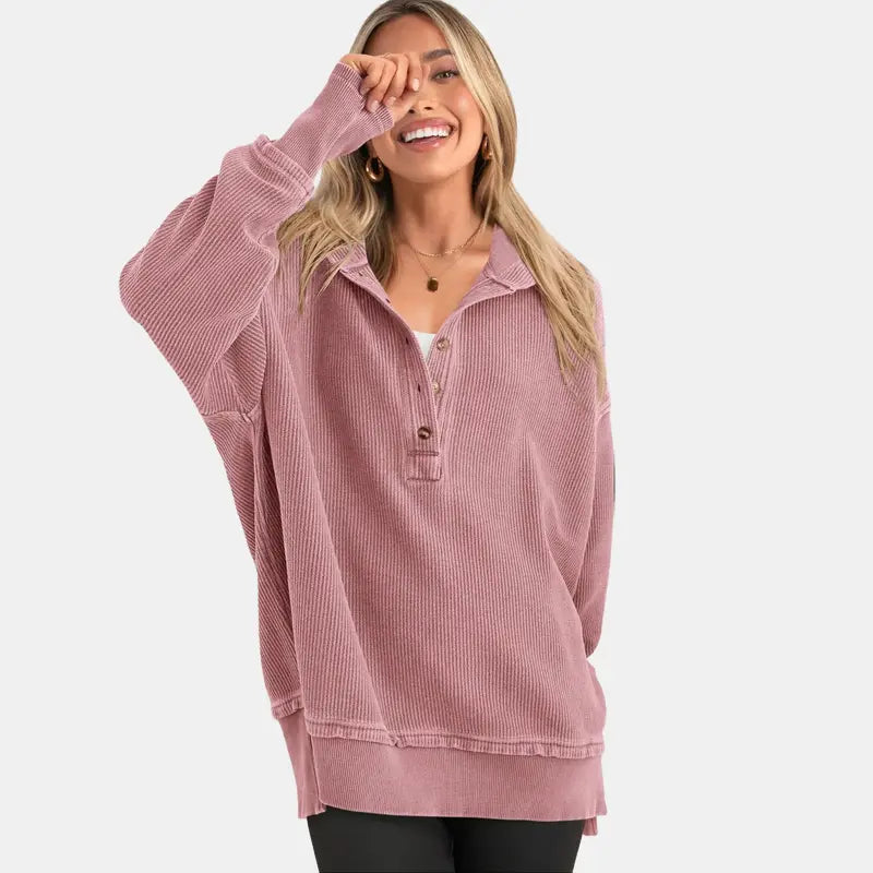 Womens Fashion Long Sleeve Hoodie Oversized Button Up V Neck Sweatshirt Side Slit Casual Pullover Tops for Fall Cozy Goals