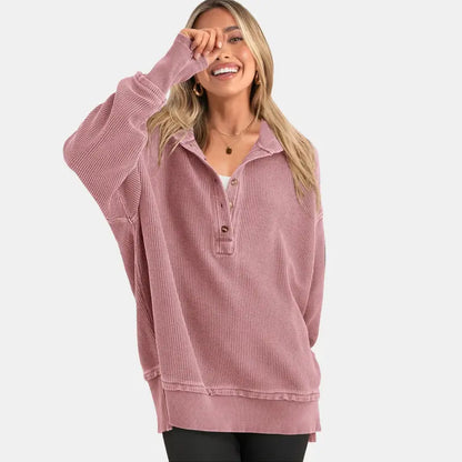 Womens Fashion Long Sleeve Hoodie Oversized Button Up V Neck Sweatshirt Side Slit Casual Pullover Tops for Fall Cozy Goals