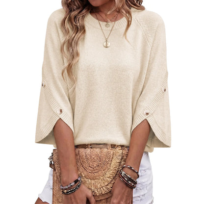 Womens Three Quarter Length Sleeve Casual Oversized Trendy Knitwear Sweaters Crewneck Sweater Knit Tops Button Sleeve Knit Pullover