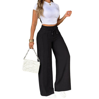 Women's High-Waisted Wide-Leg Pants with Drawstring, Lightweight Summer and Fall Pants