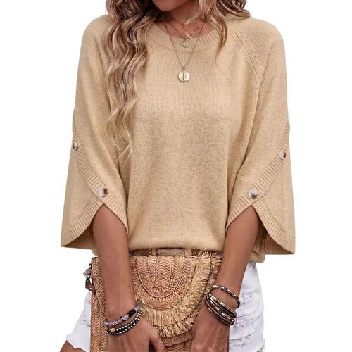 Womens Three Quarter Length Sleeve Casual Oversized Trendy Knitwear Sweaters Crewneck Sweater Knit Tops Button Sleeve Knit Pullover