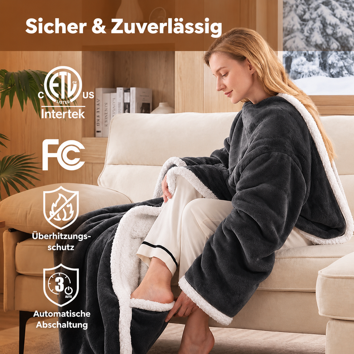 🔥 Beheizbare Kuscheldecke mit Fußtasche & Sherpa|Überhitzungsschutz & Abschaltautomatik