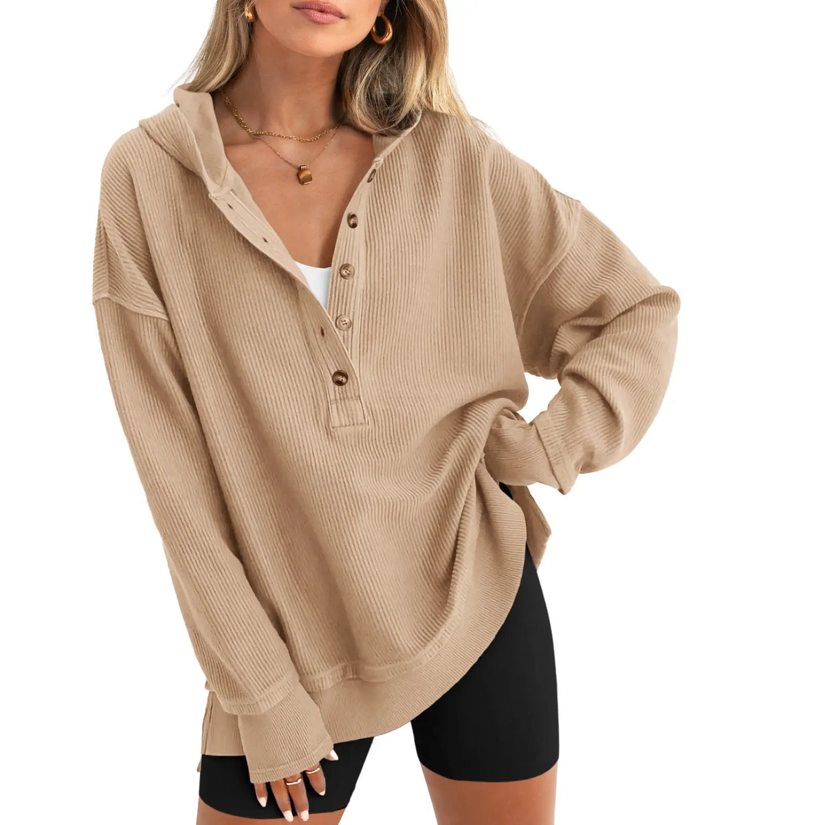Womens Fashion Long Sleeve Hoodie Oversized Button Up V Neck Sweatshirt Side Slit Casual Pullover Tops for Fall Cozy Goals