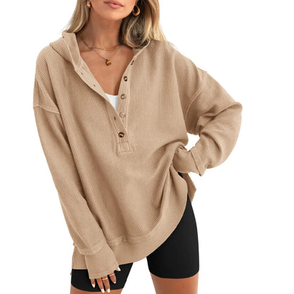 Womens Fashion Long Sleeve Hoodie Oversized Button Up V Neck Sweatshirt Side Slit Casual Pullover Tops for Fall Cozy Goals