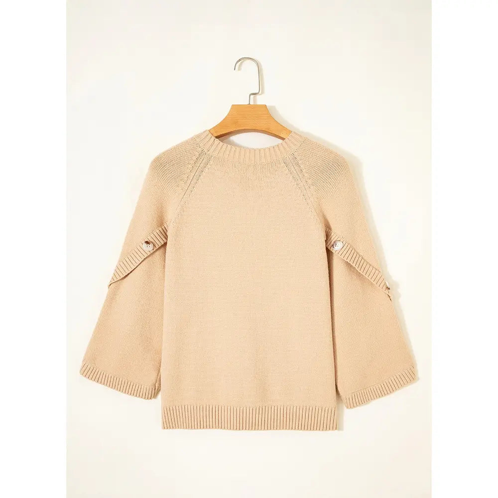 Womens Three Quarter Length Sleeve Casual Oversized Trendy Knitwear Sweaters Crewneck Sweater Knit Tops Button Sleeve Knit Pullover