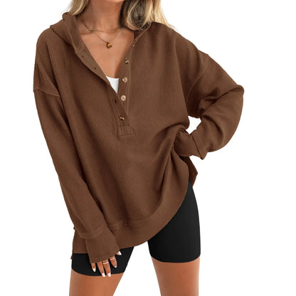 Womens Fashion Long Sleeve Hoodie Oversized Button Up V Neck Sweatshirt Side Slit Casual Pullover Tops for Fall Cozy Goals