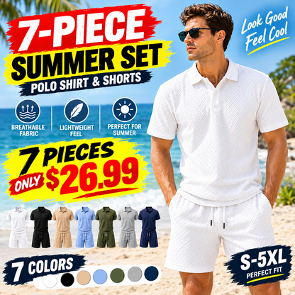 Men's Textured Polo Set Summer Casual Outfit