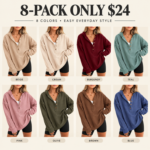 Womens Fashion Long Sleeve Hoodie Oversized Button Up V Neck Sweatshirt Side Slit Casual Pullover Tops for Fall Cozy Goals