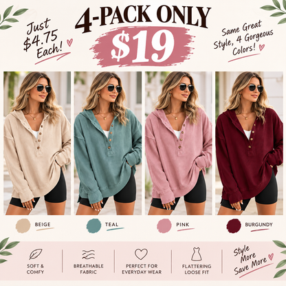 Womens Fashion Long Sleeve Hoodie Oversized Button Up V Neck Sweatshirt Side Slit Casual Pullover Tops for Fall Cozy Goals