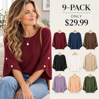 Womens Three Quarter Length Sleeve Casual Oversized Trendy Knitwear Sweaters Crewneck Sweater Knit Tops Button Sleeve Knit Pullover