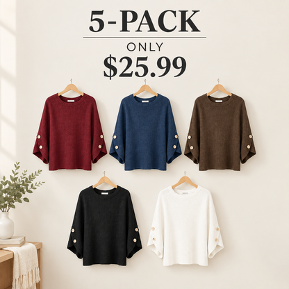 Womens Three Quarter Length Sleeve Casual Oversized Trendy Knitwear Sweaters Crewneck Sweater Knit Tops Button Sleeve Knit Pullover
