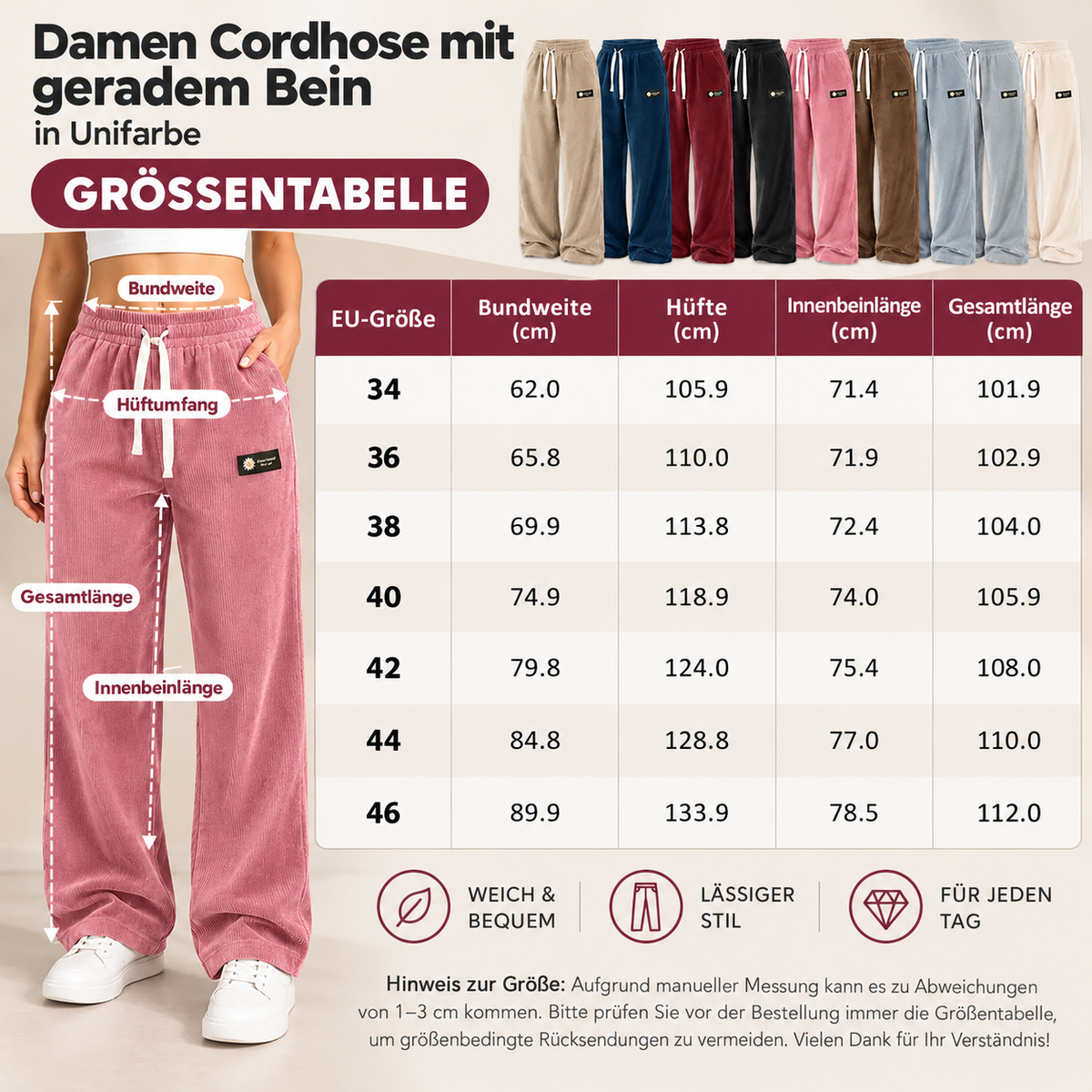 Einfarbige Cordhose für Damen mit geradem Bein