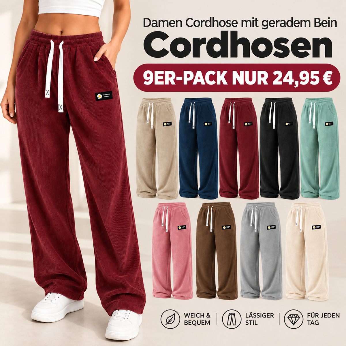 Einfarbige Cordhose für Damen mit geradem Bein