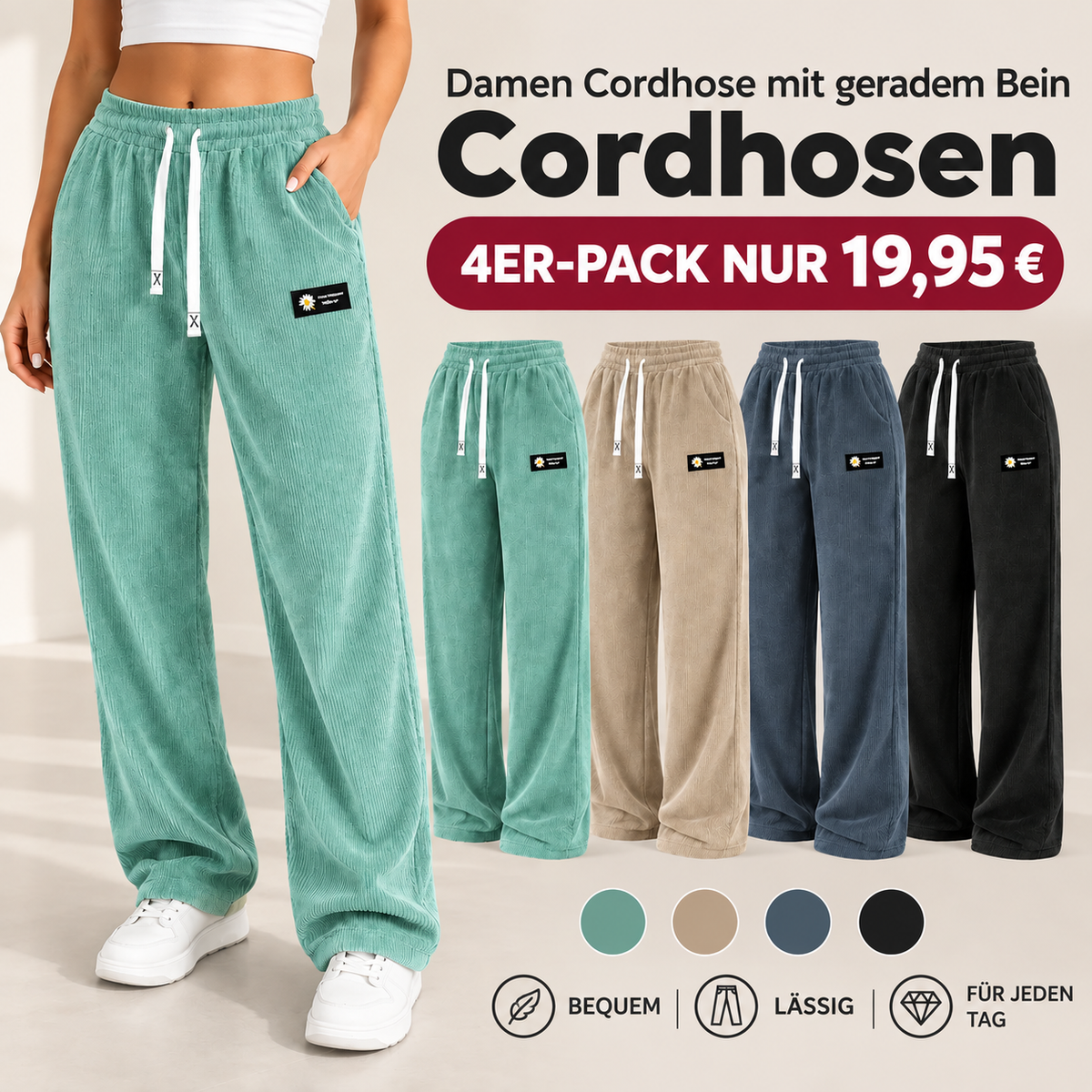 Einfarbige Cordhose für Damen mit geradem Bein