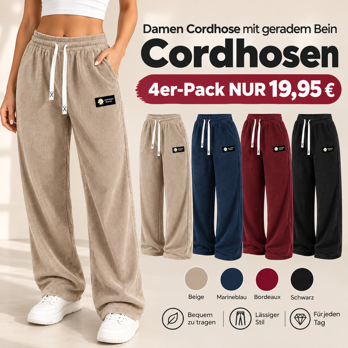 Einfarbige Cordhose für Damen mit geradem Bein