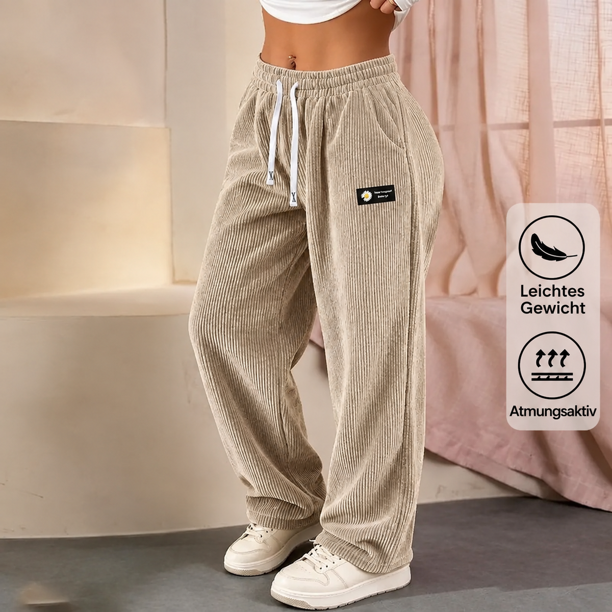 Einfarbige Cordhose für Damen mit geradem Bein