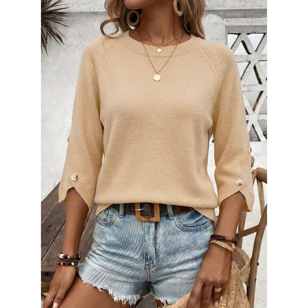 Womens Three Quarter Length Sleeve Casual Oversized Trendy Knitwear Sweaters Crewneck Sweater Knit Tops Button Sleeve Knit Pullover