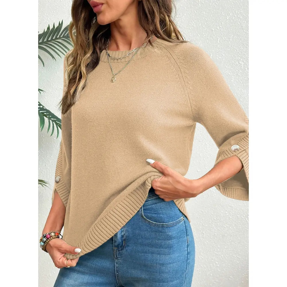 Womens Three Quarter Length Sleeve Casual Oversized Trendy Knitwear Sweaters Crewneck Sweater Knit Tops Button Sleeve Knit Pullover