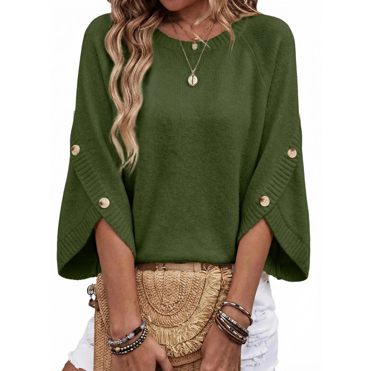 Womens Three Quarter Length Sleeve Casual Oversized Trendy Knitwear Sweaters Crewneck Sweater Knit Tops Button Sleeve Knit Pullover